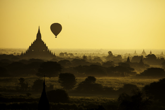 Balloon over pagodas in Bagan, Myanmar.