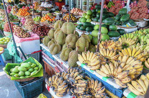 "Bananas, Mangos, Durians, Melons, Oranges And Other Exotic Fruits For Sale At A Street Market In Phnom Penh, Cambodia"